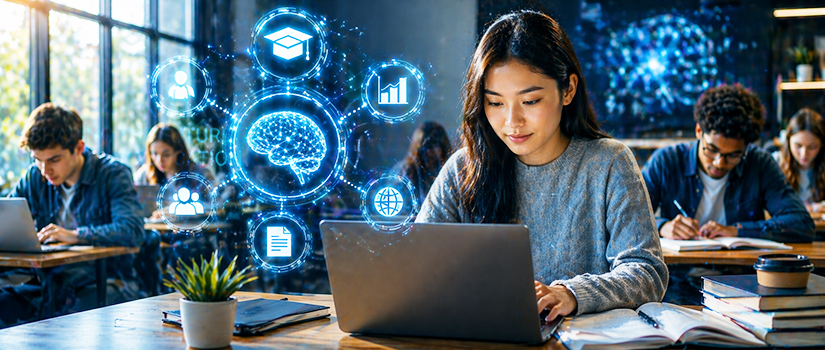 College Classroom with AI Graphic