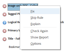 Screenshot of accessibility checker issue popup menu with Fix option highlighted.
