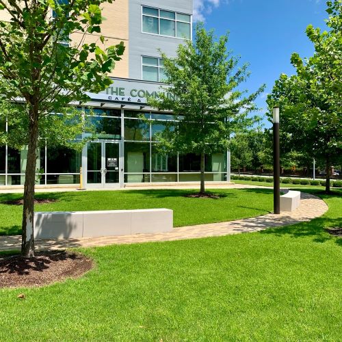 Exterior of The Community Table overlooking a landscaped green lawn with trees, benches, and a paved walkway.