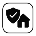 Black and white icon of a house with a shield and check mark, representing renters insurance or housing protection.