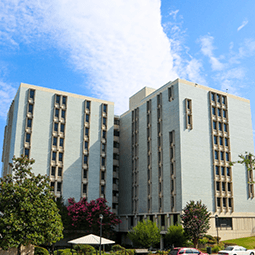 A tall, light gray multi-story residence hall with two rectangular towers connected by a central section rises above mature green trees on a sunny day. The building features narrow vertical windows and a modern, concrete façade, with a clear blue sky and scattered clouds in the background.