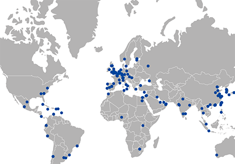 Image of map showing blue dots to represent partnerships and activities