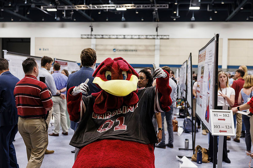 A large indoor academic poster session is underway, with rows of research displays and people standing and discussing projects. In the foreground, Cocky—the University of South Carolina’s red Gamecock mascot—faces the camera, wearing a black “Carolina” jersey with the number 01 and posing playfully with both hands raised giving the “spurs up” signal. Attendees in business-casual attire fill the background, browsing posters and talking in a busy conference hall setting.