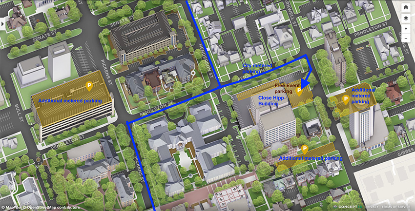 Illustrated campus map highlighting parking and walking routes to the Close-Hipp Building. A blue path outlines pedestrian directions from surrounding streets, including Henderson Street and Pickens Street. Gold-highlighted areas mark parking options: free event parking near Close-Hipp and several nearby metered parking locations along Pendleton Street and surrounding streets. Buildings, streets, and parking areas are labeled for navigation.