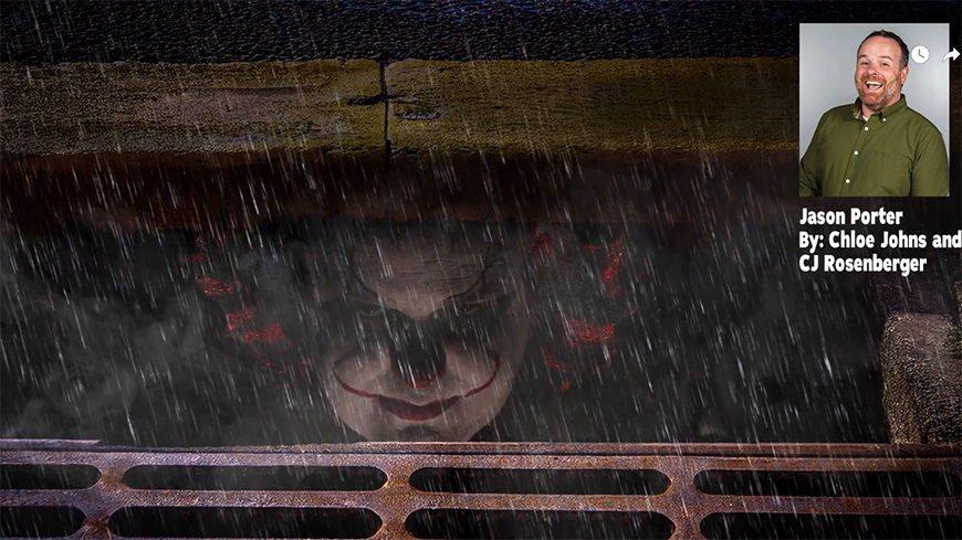 A clown face with rain coming down