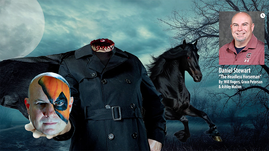 black trenchcoat without a head, with the head on the sleeve and a horse in the background