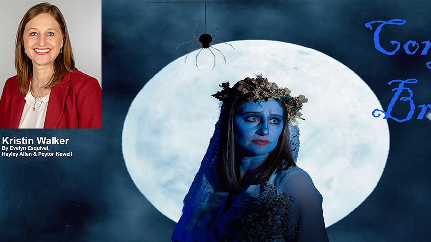 bride with a moon background and a spider crawling down