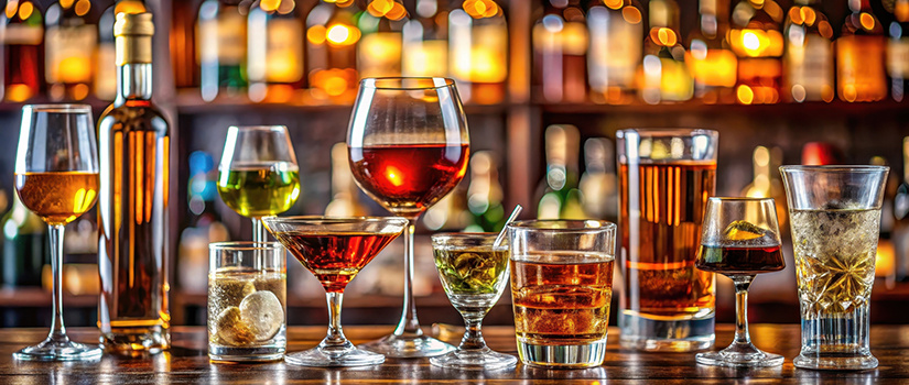 Glasses of various alcoholic beverages on bar counter