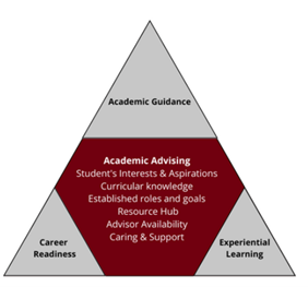 Academic Advising Triangle: The three points of the triangle read: Academic Guidance. Experiential Learning, and Career Readiness. The middle of the triangle has a headline that reads Academic Advising. Under that is a list: Student's Interests and aspirations, Curricular knowledge, Established roles and goals, Resource hub, Advisor availability, and Caring and support