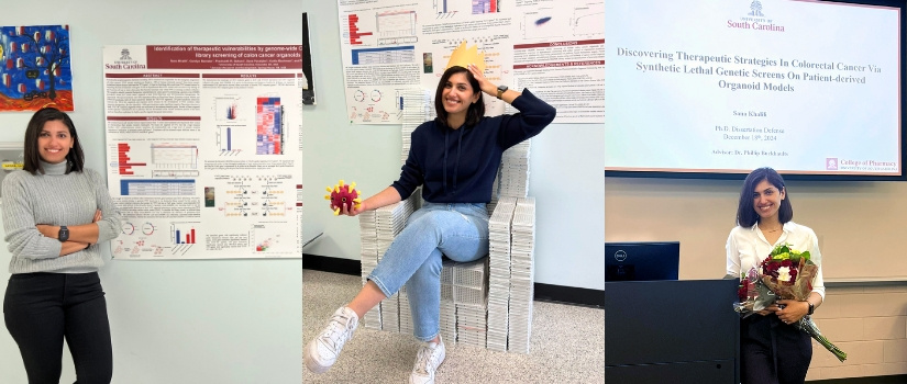 Three images of Sana at the College of Pharmacy