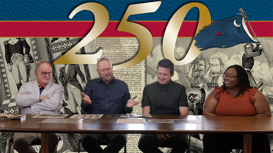 Four scholars look at documents on a table, background collage of documents with '250' in text on top