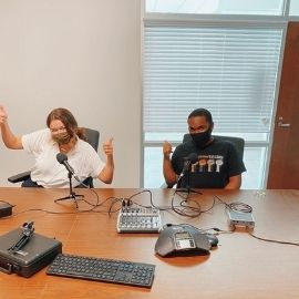 Hear Me Out cohosts, Whitney Garland and Timothy Simmons, recording their first episode of the podcast
