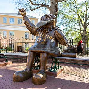 Bronze Cocky statue sitting on a bench with a live rooster