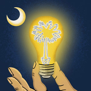 An illustration of a lightbulb within an illustration of the South Carolina state flag.