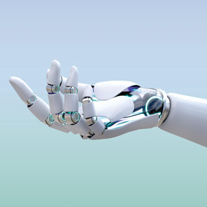A robotic hand with its palm facing up on a cool gradient background.