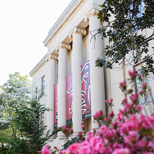mckissick building in front of pink azaleas